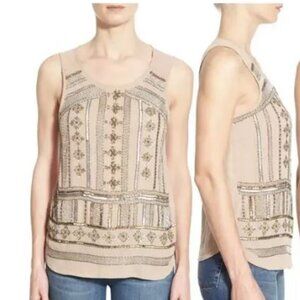 Lucky Brand Beaded Sequined Sleeveless Top, Tan, Size M